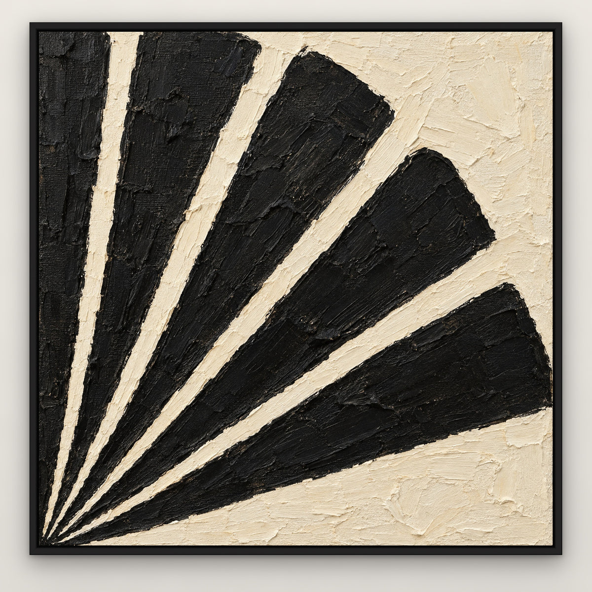 Black and Cream Fan, black and white abstract hand-painted canvas wall art in a slim black float frame – Gallery 23