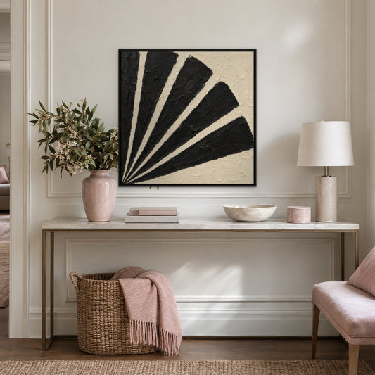 Black and Cream Fan, black and white abstract hand-painted canvas wall art in a hallway – Gallery 23