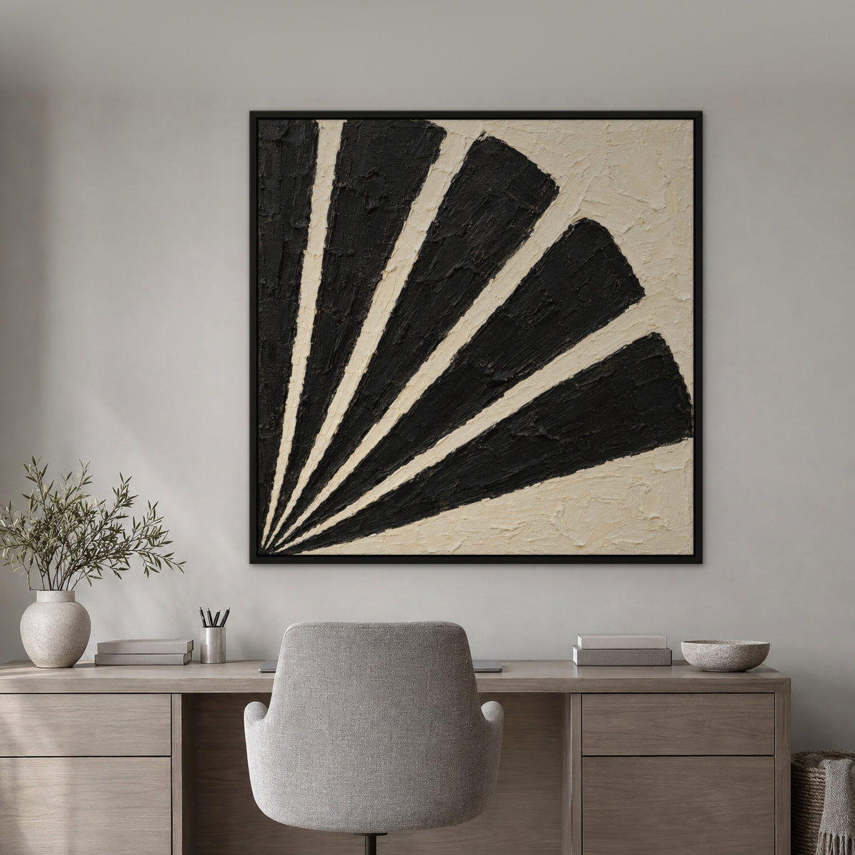 Black and Cream Fan, black and white abstract hand-painted canvas wall art in a home office – Gallery 23