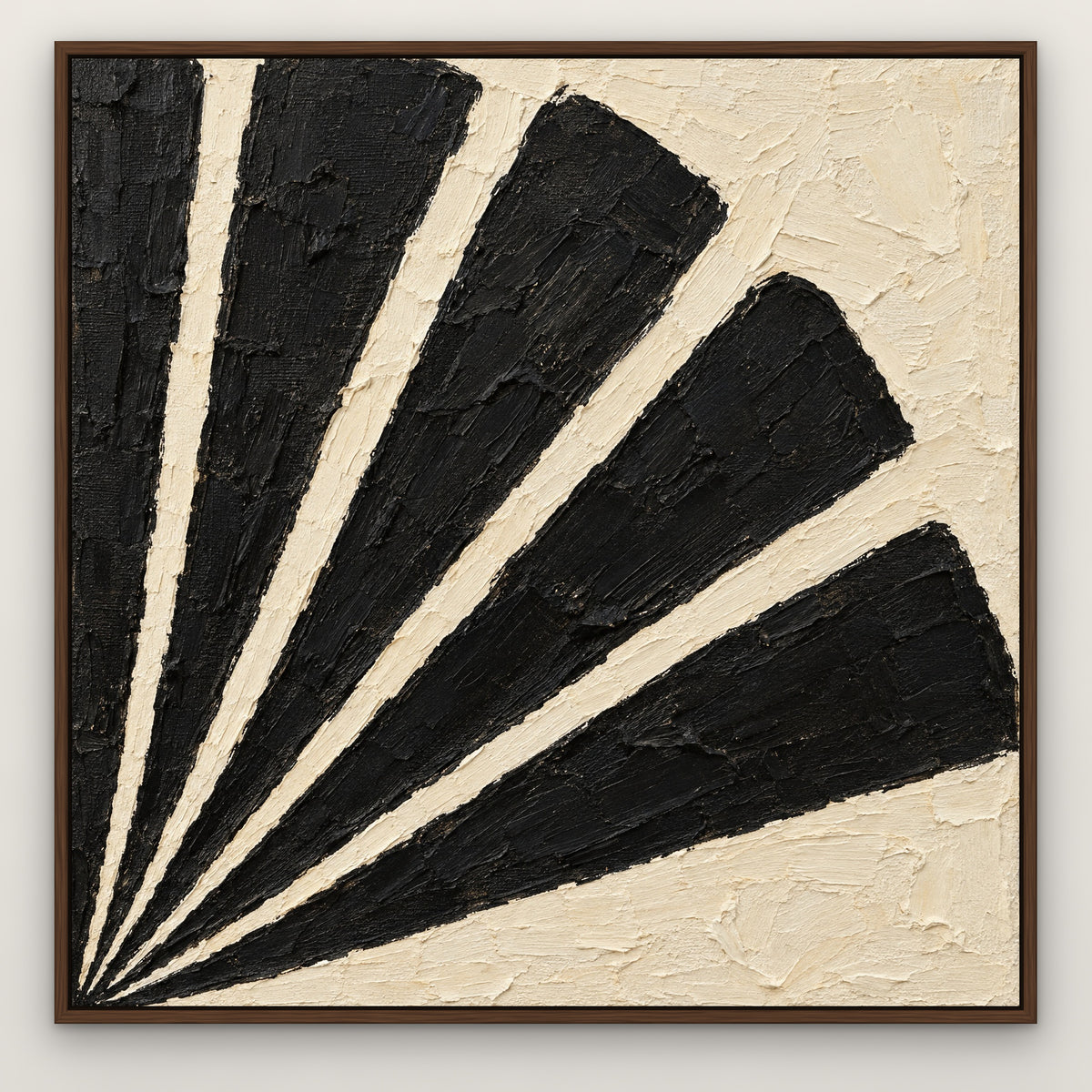 Black and Cream Fan, black and white abstract hand-painted canvas wall art in a slim walnut float frame – Gallery 23