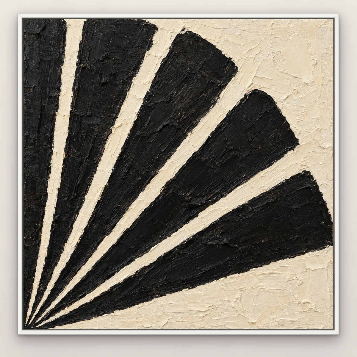 Black and Cream Fan, black and white abstract hand-painted canvas wall art in a slim white float frame – Gallery 23