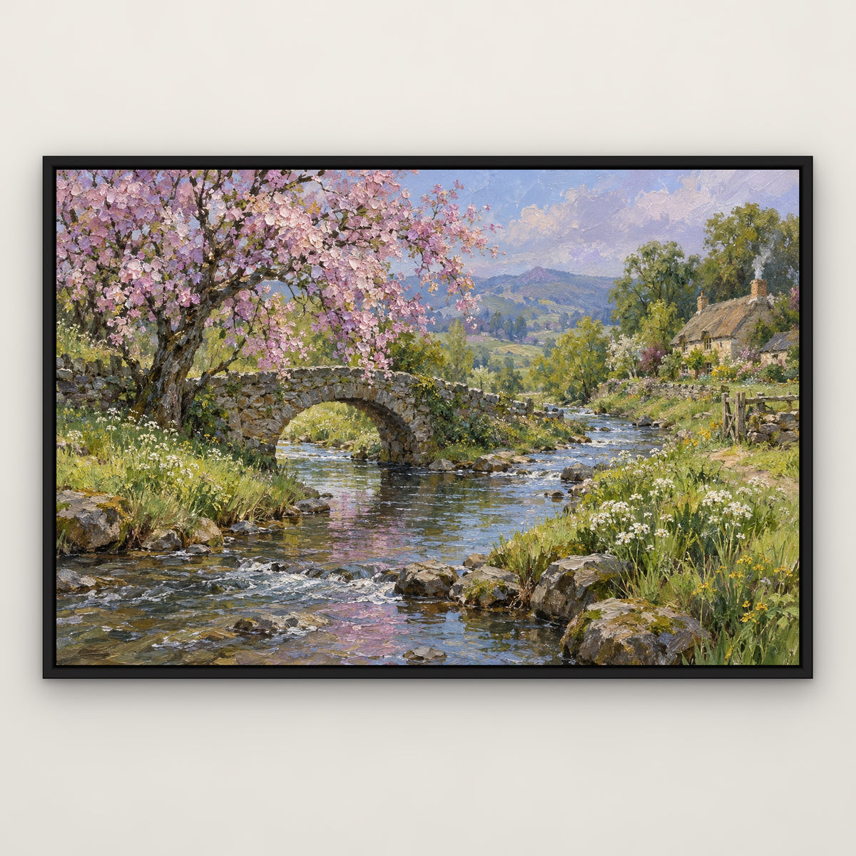 Spring Brookside, green mountain landscape hand-painted canvas wall art in a slim black float frame – Gallery 23