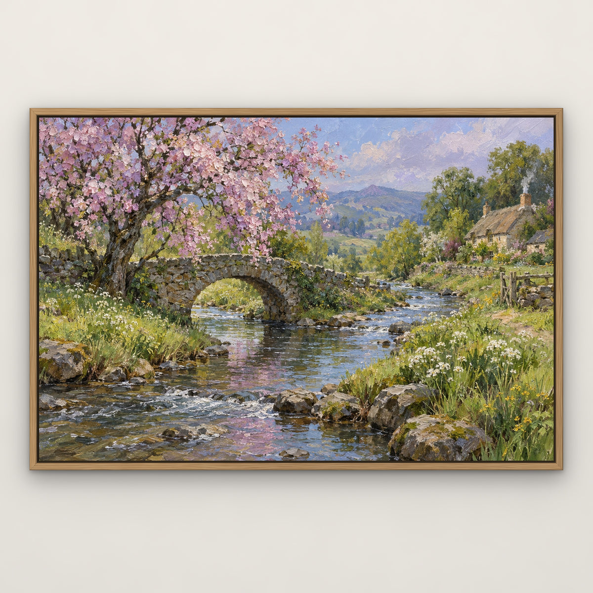 Spring Brookside, green mountain landscape hand-painted canvas wall art in a slim oak float frame – Gallery 23