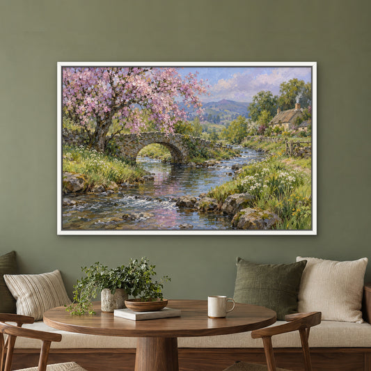 Spring Brookside, green mountain landscape hand-painted canvas wall art in a kitchen nook – Gallery 23