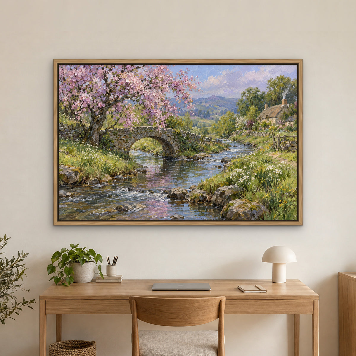 Spring Brookside, green mountain landscape hand-painted canvas wall art in a home office – Gallery 23