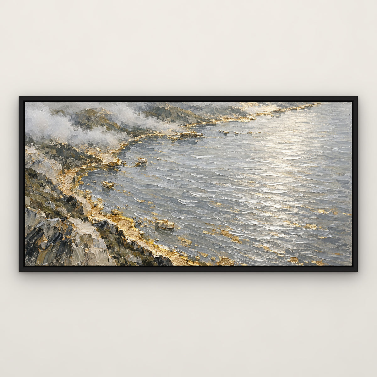 Silver Lake Gold Rim, grey abstract hand-painted canvas wall art in a slim black float frame – Gallery 23