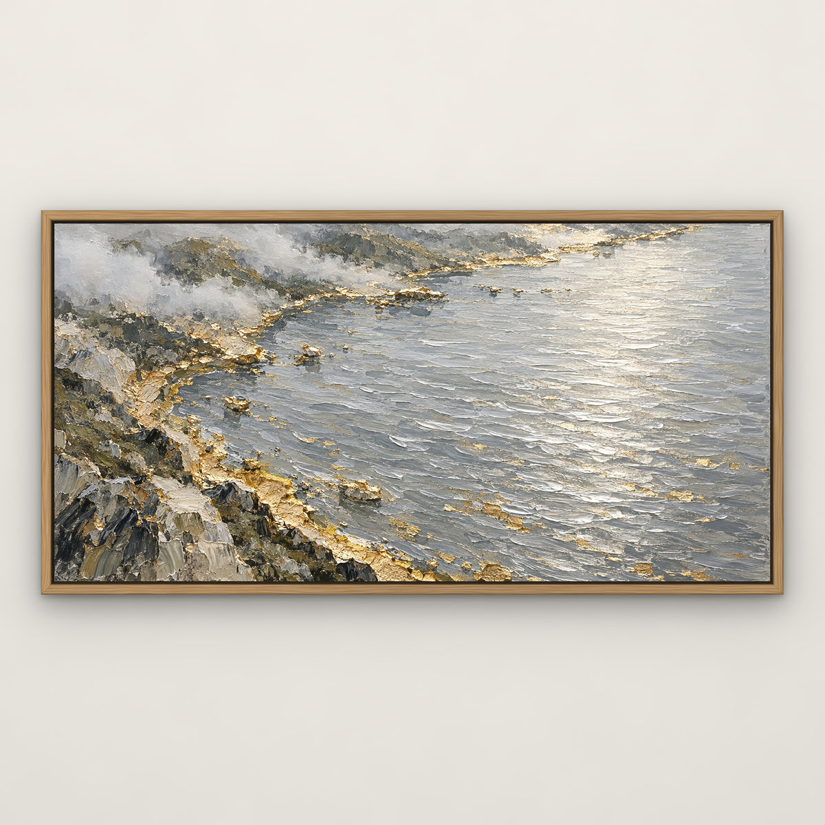 Silver Lake Gold Rim, grey abstract hand-painted canvas wall art in a slim oak float frame – Gallery 23