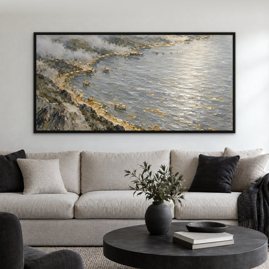 Silver Lake Gold Rim, grey abstract hand-painted canvas wall art in a living room – Gallery 23