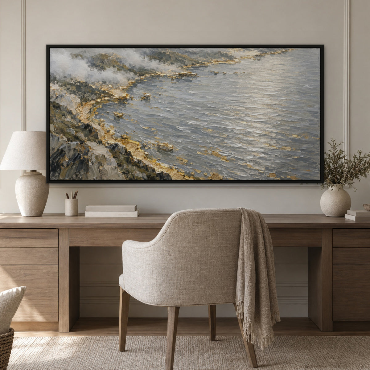 Silver Lake Gold Rim, grey abstract hand-painted canvas wall art in a home office – Gallery 23
