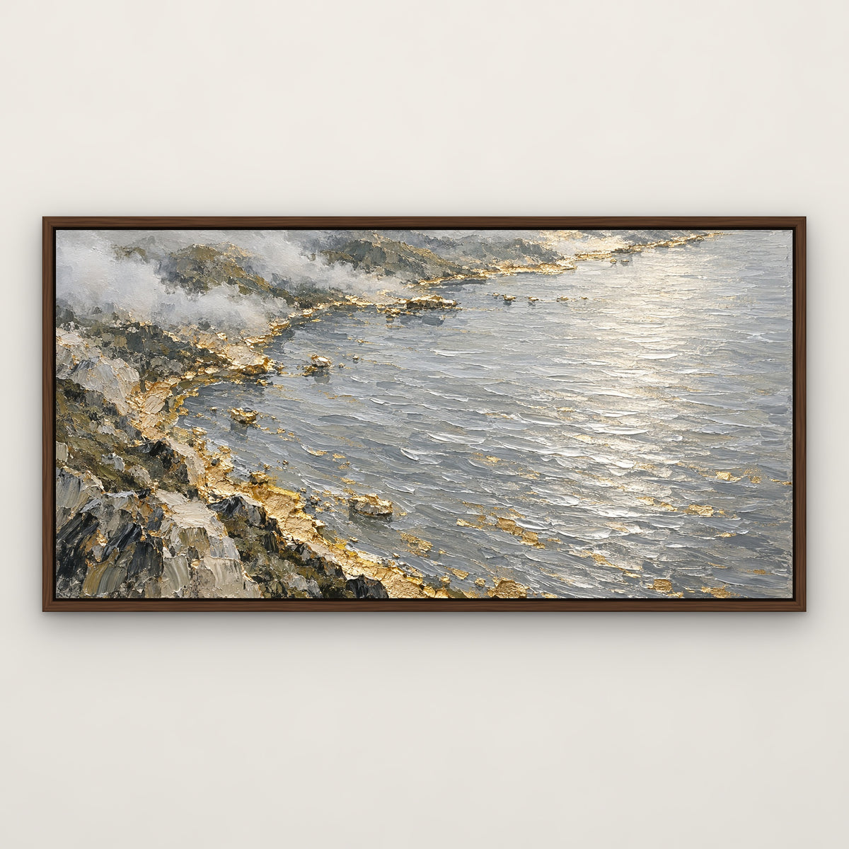 Silver Lake Gold Rim, grey abstract hand-painted canvas wall art in a slim walnut float frame – Gallery 23
