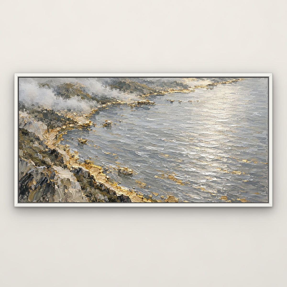 Silver Lake Gold Rim, grey abstract hand-painted canvas wall art in a slim white float frame – Gallery 23
