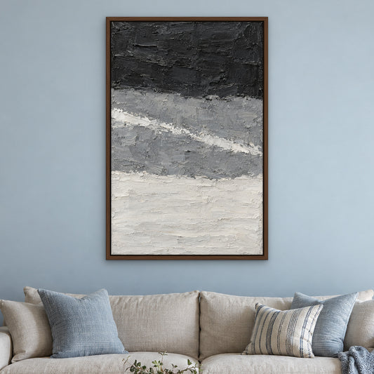 Charcoal and Chalk, black and white abstract hand-painted canvas wall art in a living room – Gallery 23