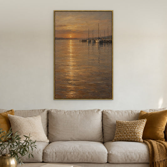 Sepia Harbour Reflections, brown seascape hand-painted canvas wall art in a living room – Gallery 23