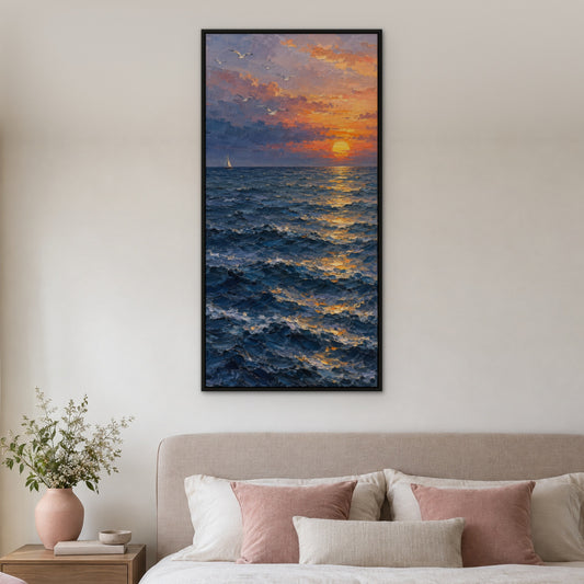 Sunset Lone Sail, blue seascape hand-painted canvas wall art in a bedroom – Gallery 23