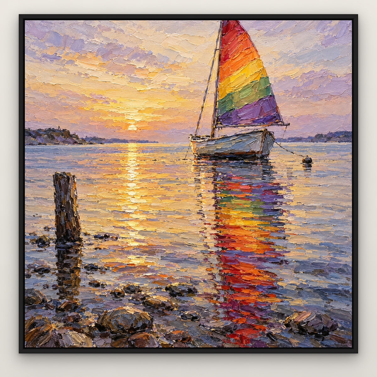 Rainbow Sail Reflections, colourful seascape hand-painted canvas wall art in a slim black float frame – Gallery 23