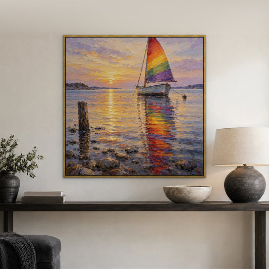 Rainbow Sail Reflections, colourful seascape hand-painted canvas wall art in a hallway – Gallery 23