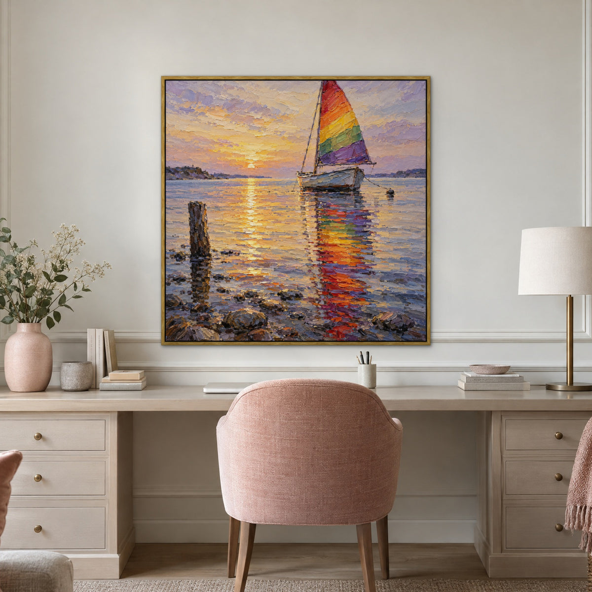 Rainbow Sail Reflections, colourful seascape hand-painted canvas wall art in a home office – Gallery 23