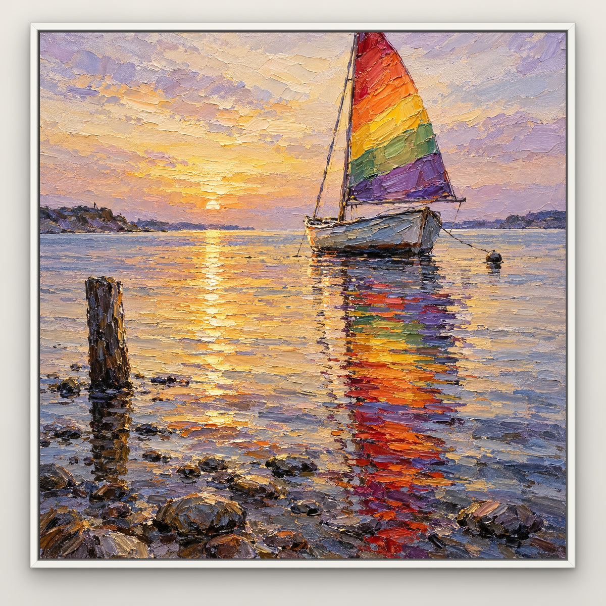 Rainbow Sail Reflections, colourful seascape hand-painted canvas wall art in a slim white float frame – Gallery 23