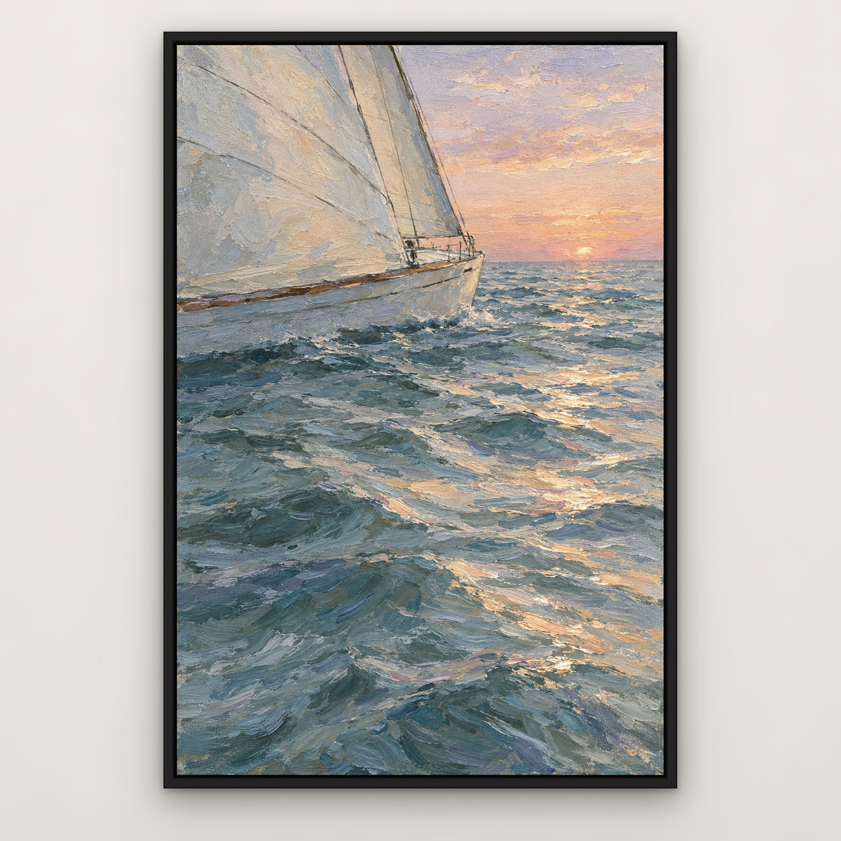 Sail at First Light, brown seascape hand-painted canvas wall art in a slim black float frame – Gallery 23