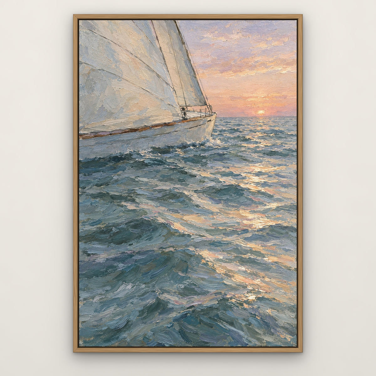Sail at First Light, brown seascape hand-painted canvas wall art in a slim oak float frame – Gallery 23