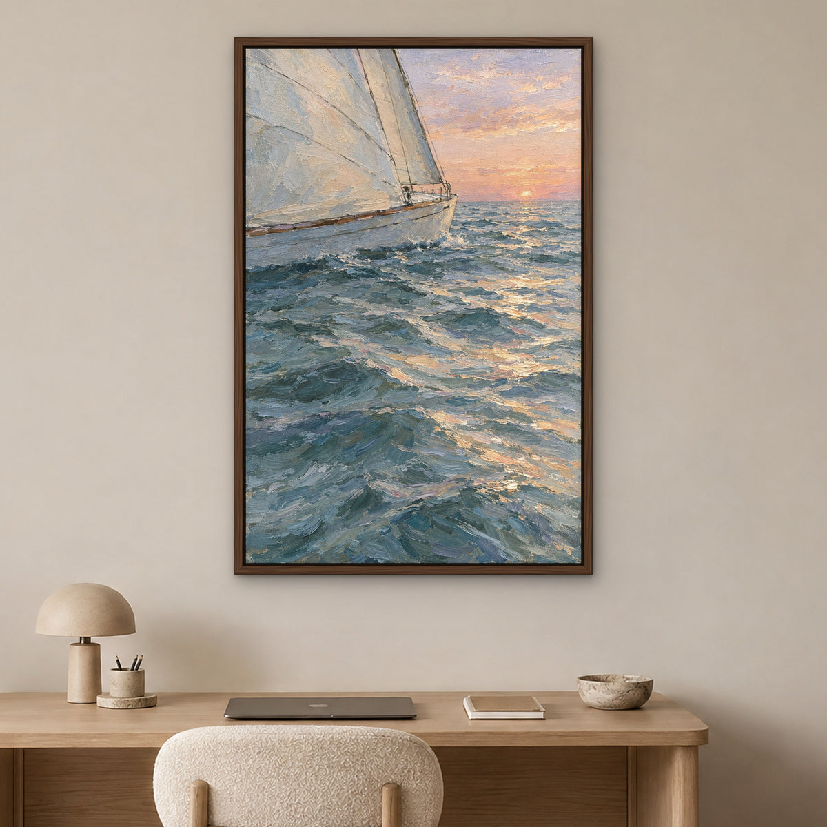 Sail at First Light, brown seascape hand-painted canvas wall art in a home office – Gallery 23