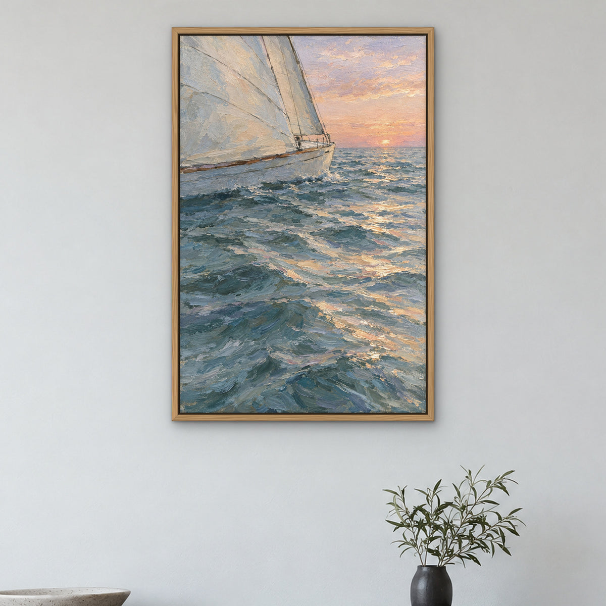 Sail at First Light, brown seascape hand-painted canvas wall art in a hallway – Gallery 23