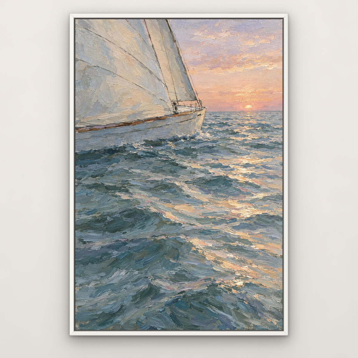 Sail at First Light, brown seascape hand-painted canvas wall art in a slim white float frame – Gallery 23