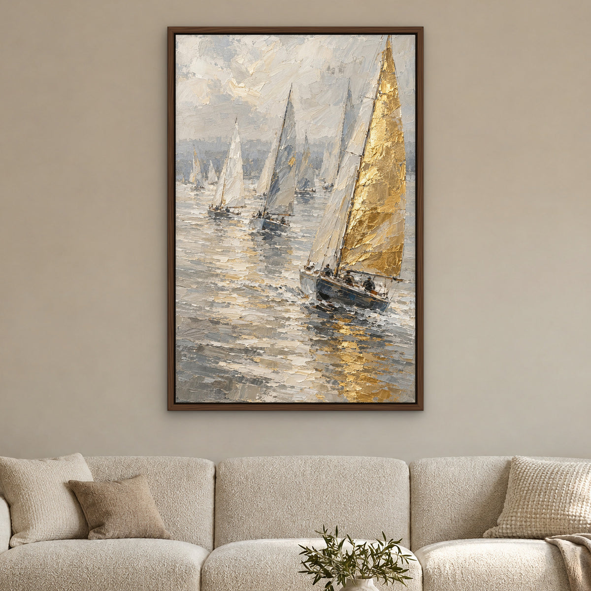 Golden Sail Regatta, neutral seascape hand-painted canvas wall art in a living room – Gallery 23
