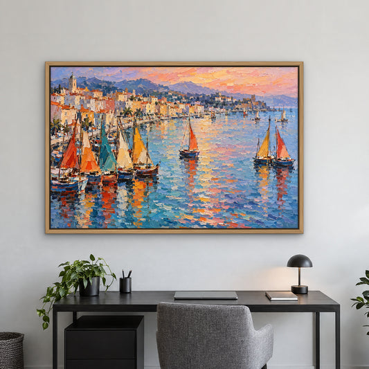 Rainbow Harbour, colourful seascape hand-painted canvas wall art in a home office – Gallery 23
