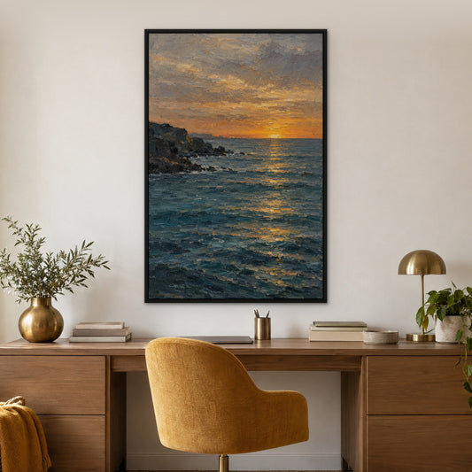 Golden Dusk Sea, teal abstract hand-painted canvas wall art in a home office – Gallery 23
