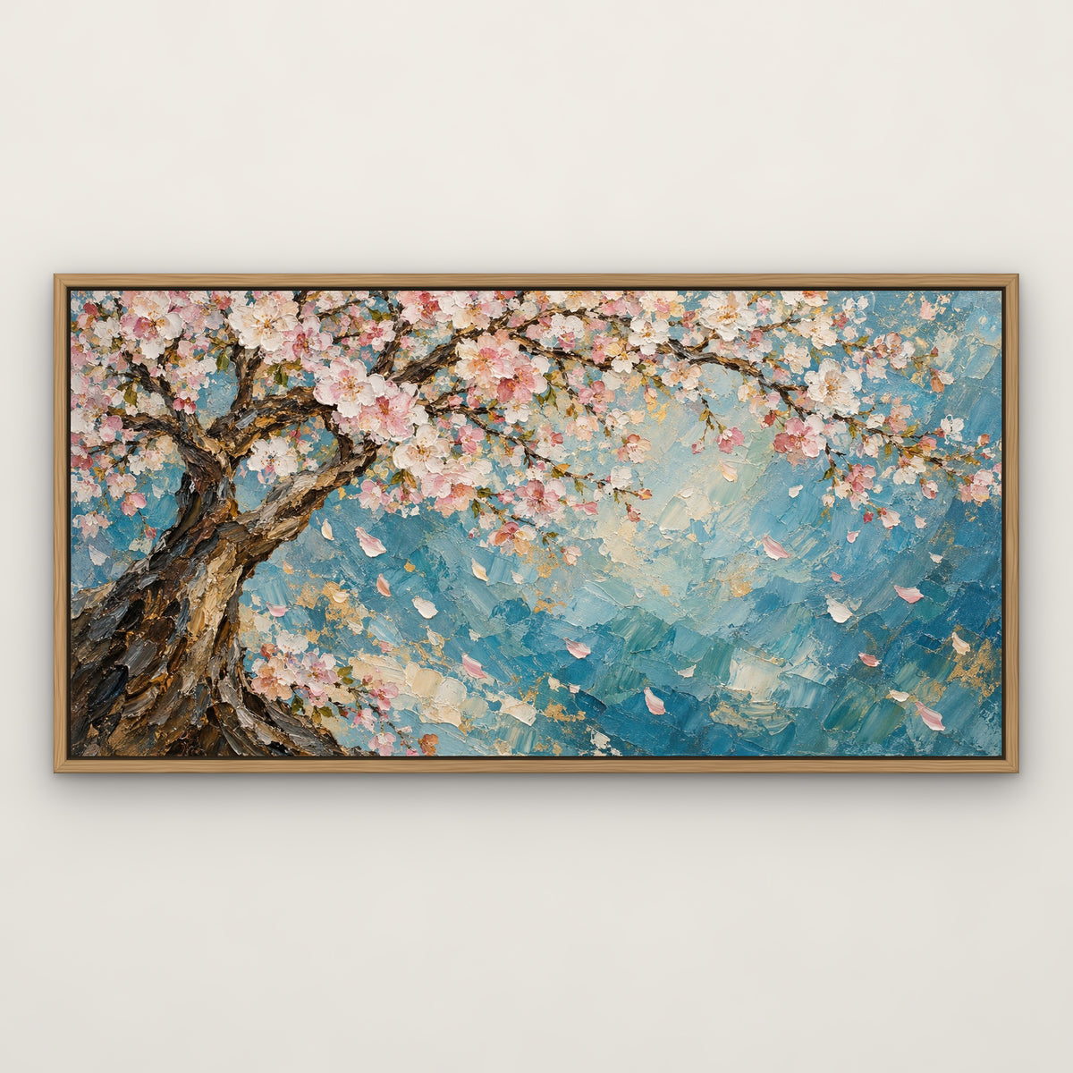 Cherry Blossom Shimmer, blue floral hand-painted canvas wall art in a slim oak float frame – Gallery 23