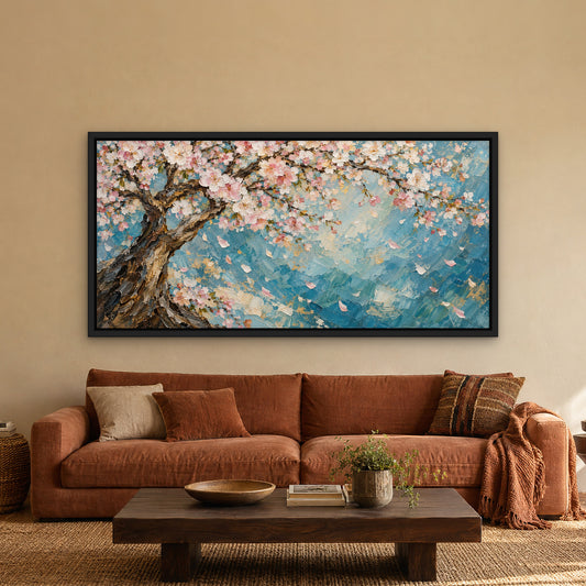 Cherry Blossom Shimmer, blue floral hand-painted canvas wall art in a living room – Gallery 23