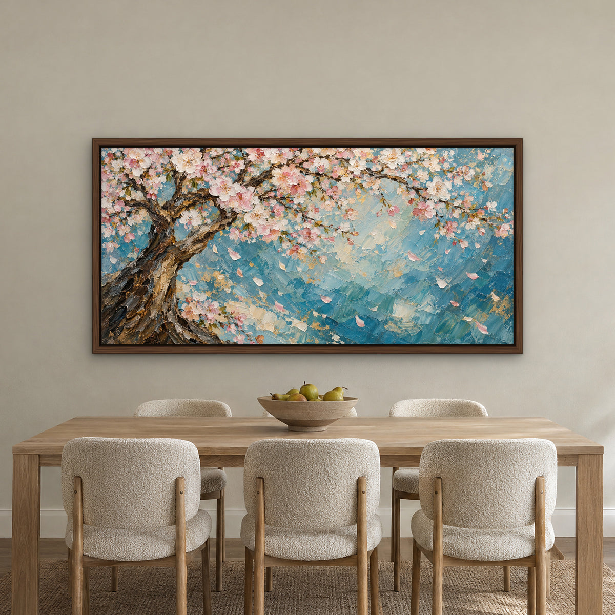 Cherry Blossom Shimmer, blue floral hand-painted canvas wall art in a dining room – Gallery 23