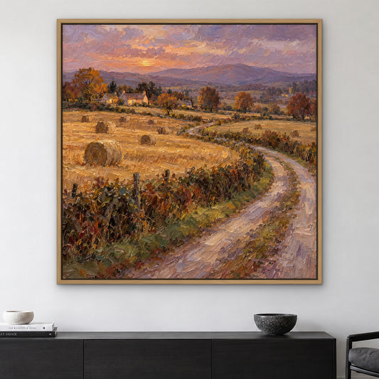 Harvest Lane, orange landscape hand-painted canvas wall art in a living room – Gallery 23