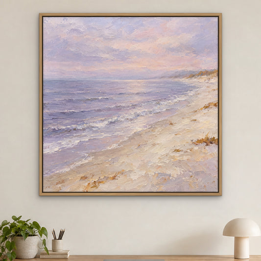 Lavender Shoreline, orange abstract hand-painted canvas wall art in a home office – Gallery 23