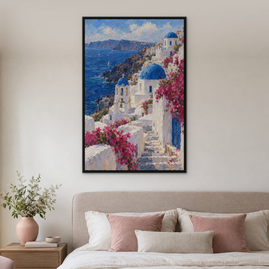 Santorini Blue, pink seascape hand-painted canvas wall art in a bedroom – Gallery 23