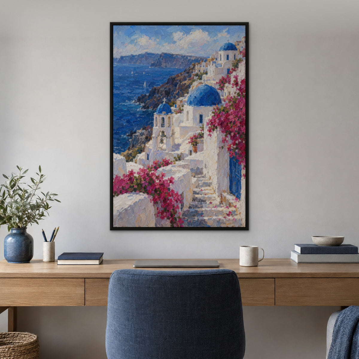 Santorini Blue, pink seascape hand-painted canvas wall art in a home office – Gallery 23