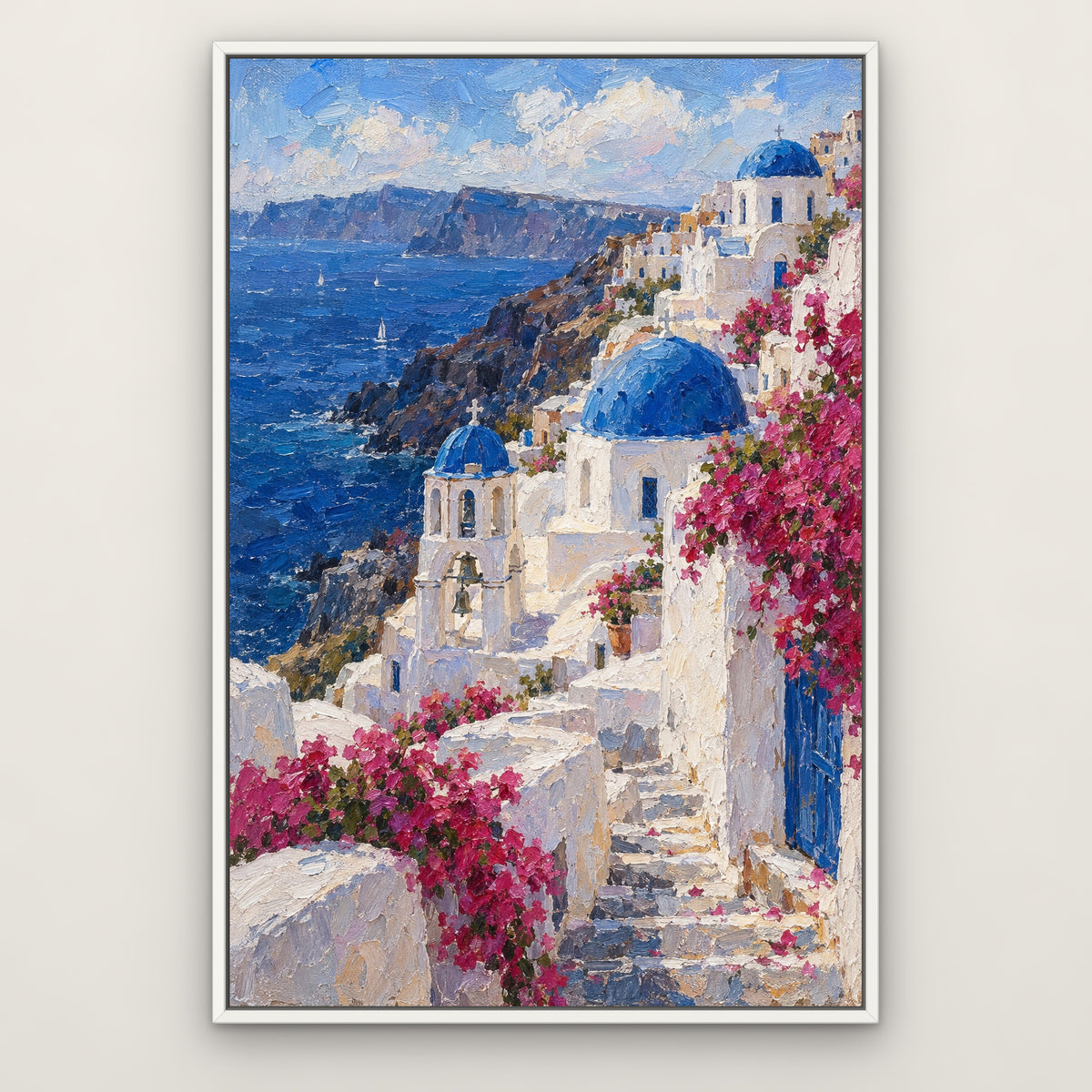 Santorini Blue, pink seascape hand-painted canvas wall art in a slim white float frame – Gallery 23