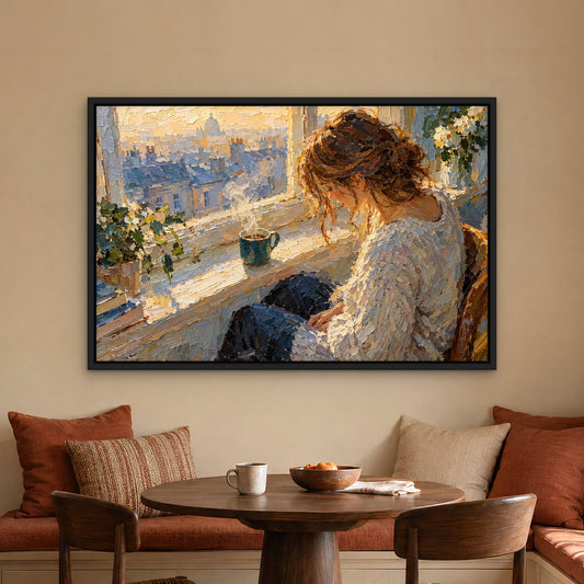 Morning Coffee Reverie, teal portrait hand-painted canvas wall art in a kitchen nook – Gallery 23