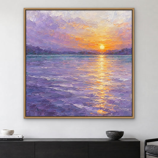 Lilac Sunrise Lake, blue abstract hand-painted canvas wall art in a living room – Gallery 23