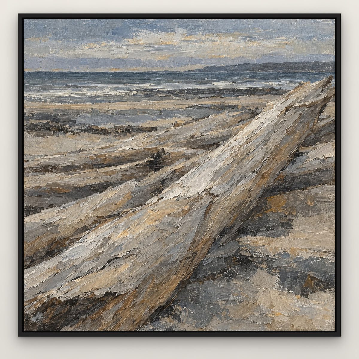 Driftwood Shore Bands, blue abstract hand-painted canvas wall art in a slim black float frame – Gallery 23