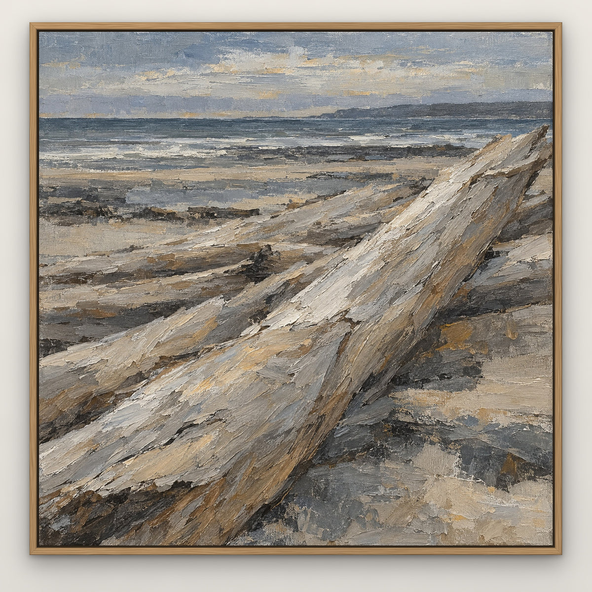 Driftwood Shore Bands, blue abstract hand-painted canvas wall art in a slim oak float frame – Gallery 23