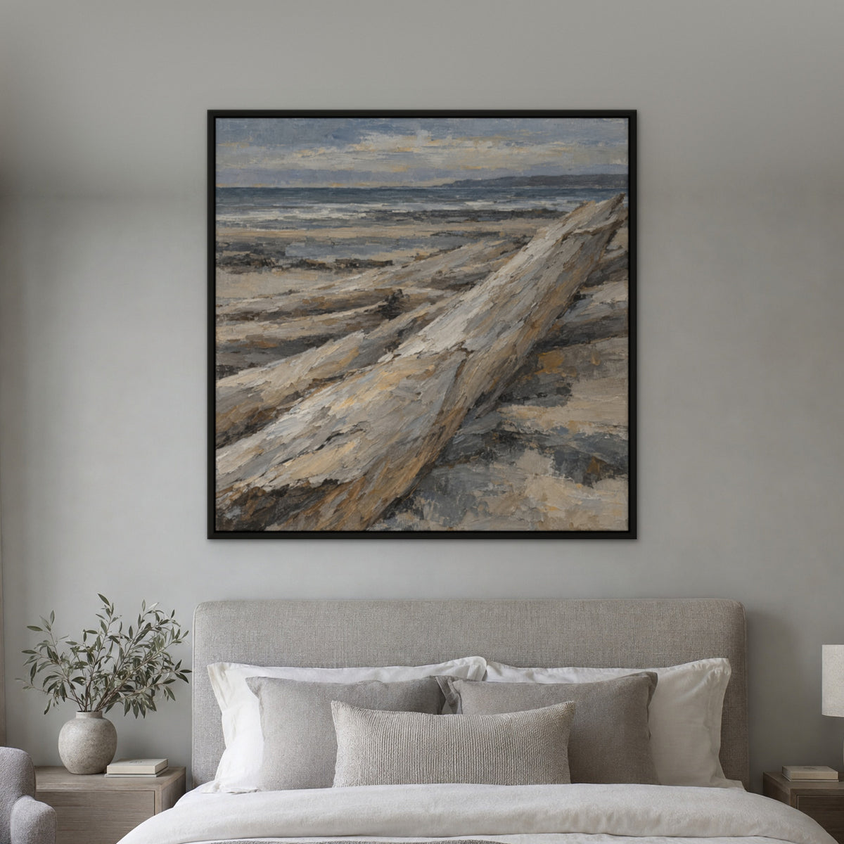 Driftwood Shore Bands, blue abstract hand-painted canvas wall art in a bedroom – Gallery 23