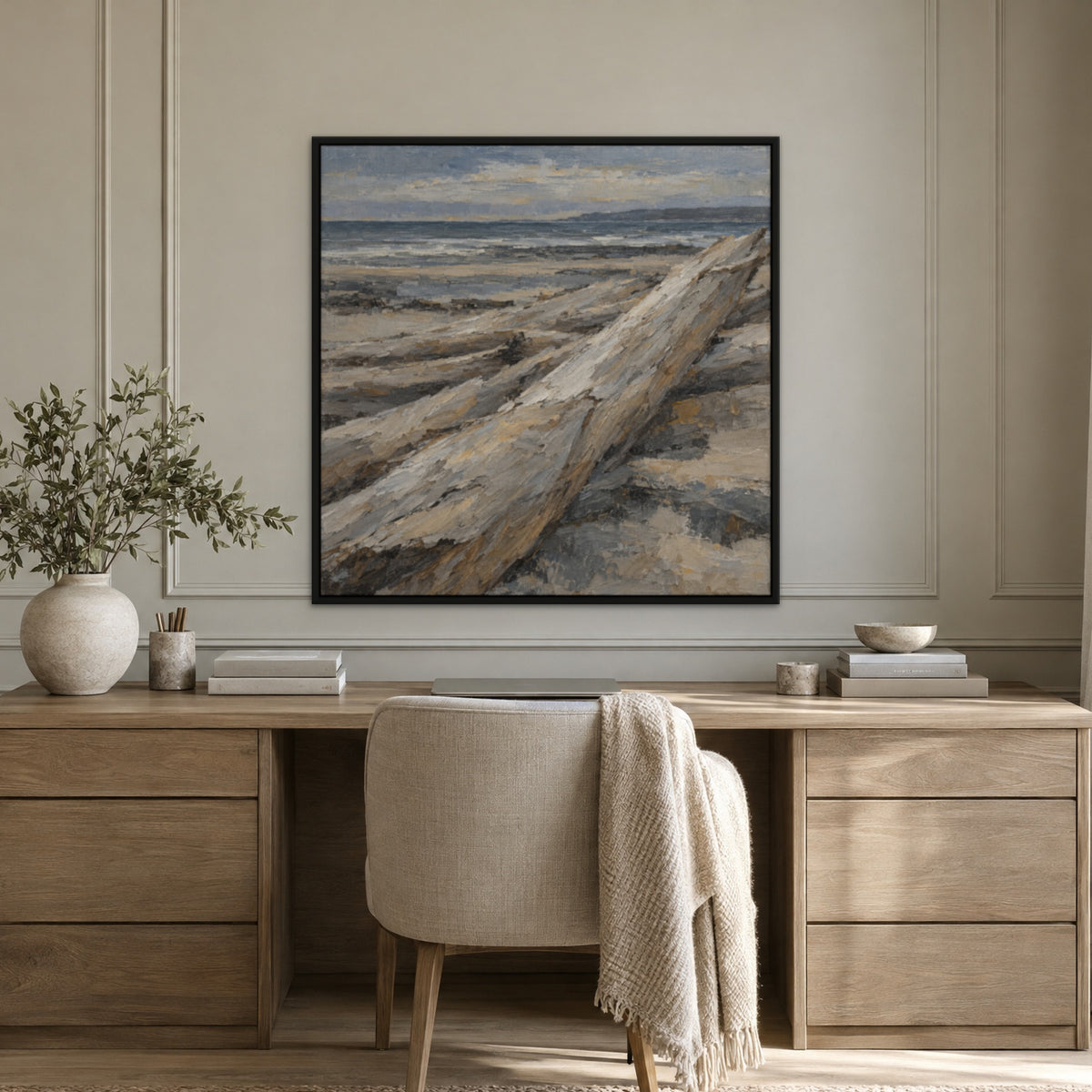 Driftwood Shore Bands, blue abstract hand-painted canvas wall art in a home office – Gallery 23