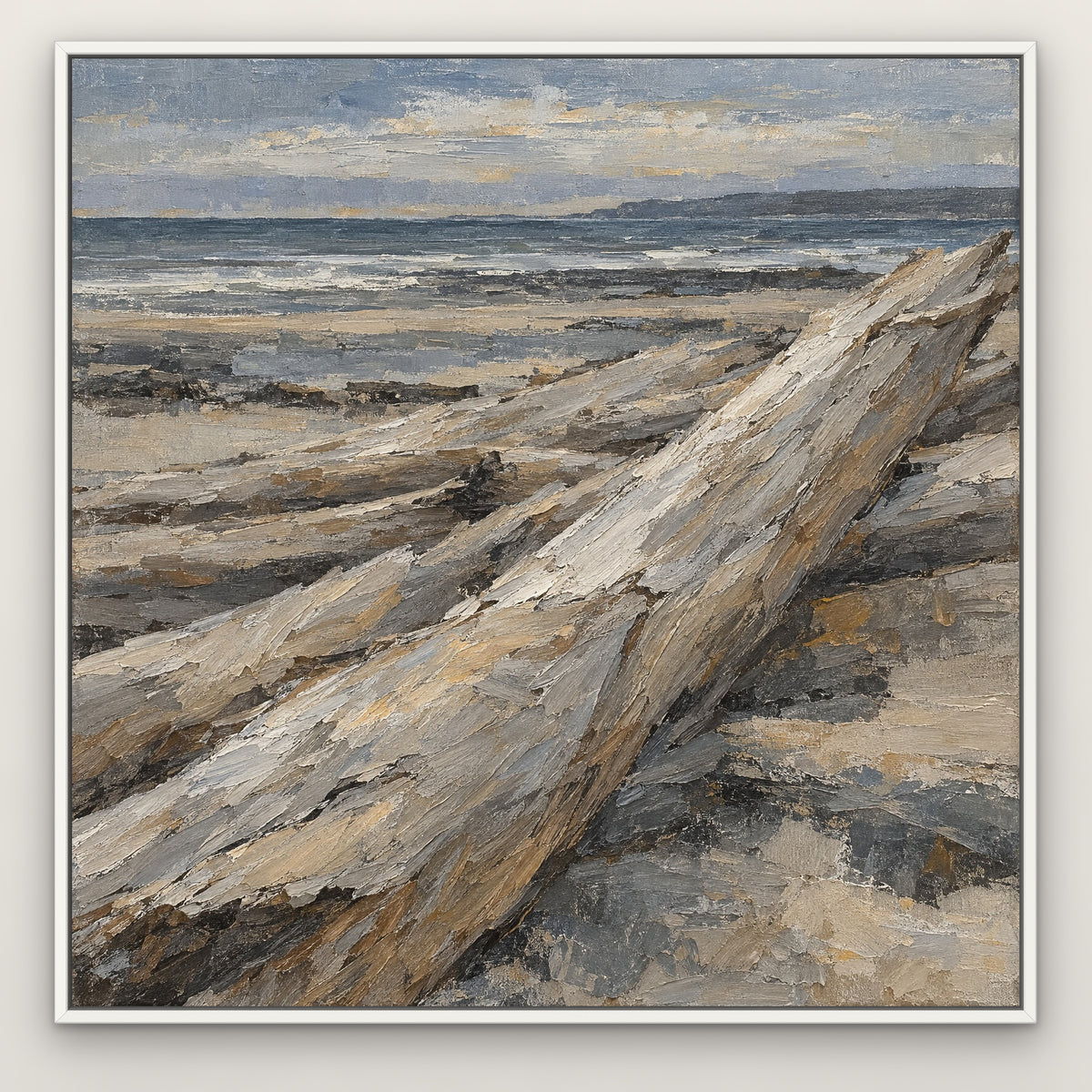 Driftwood Shore Bands, blue abstract hand-painted canvas wall art in a slim white float frame – Gallery 23