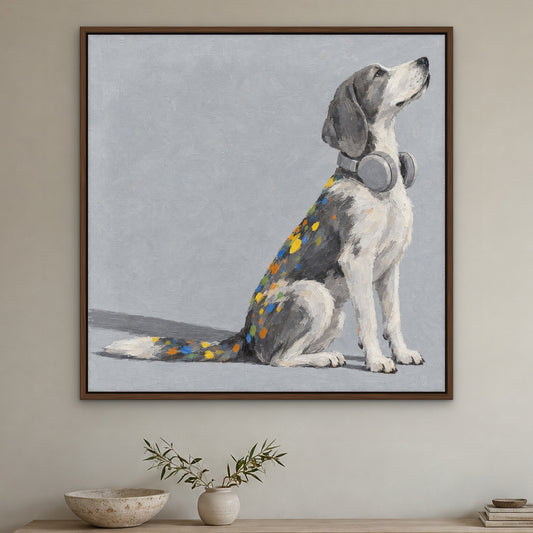 Headphone Hound, black and white pop art hand-painted canvas wall art in a hallway – Gallery 23
