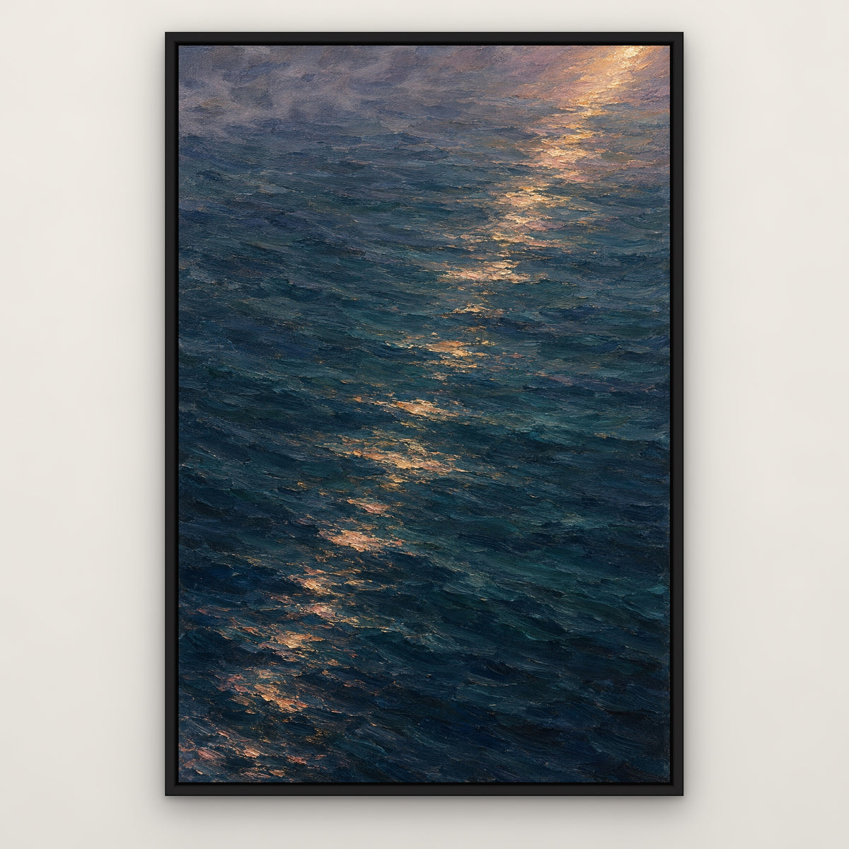 Dusk Over Still Waters, blue seascape hand-painted canvas wall art in a slim black float frame – Gallery 23