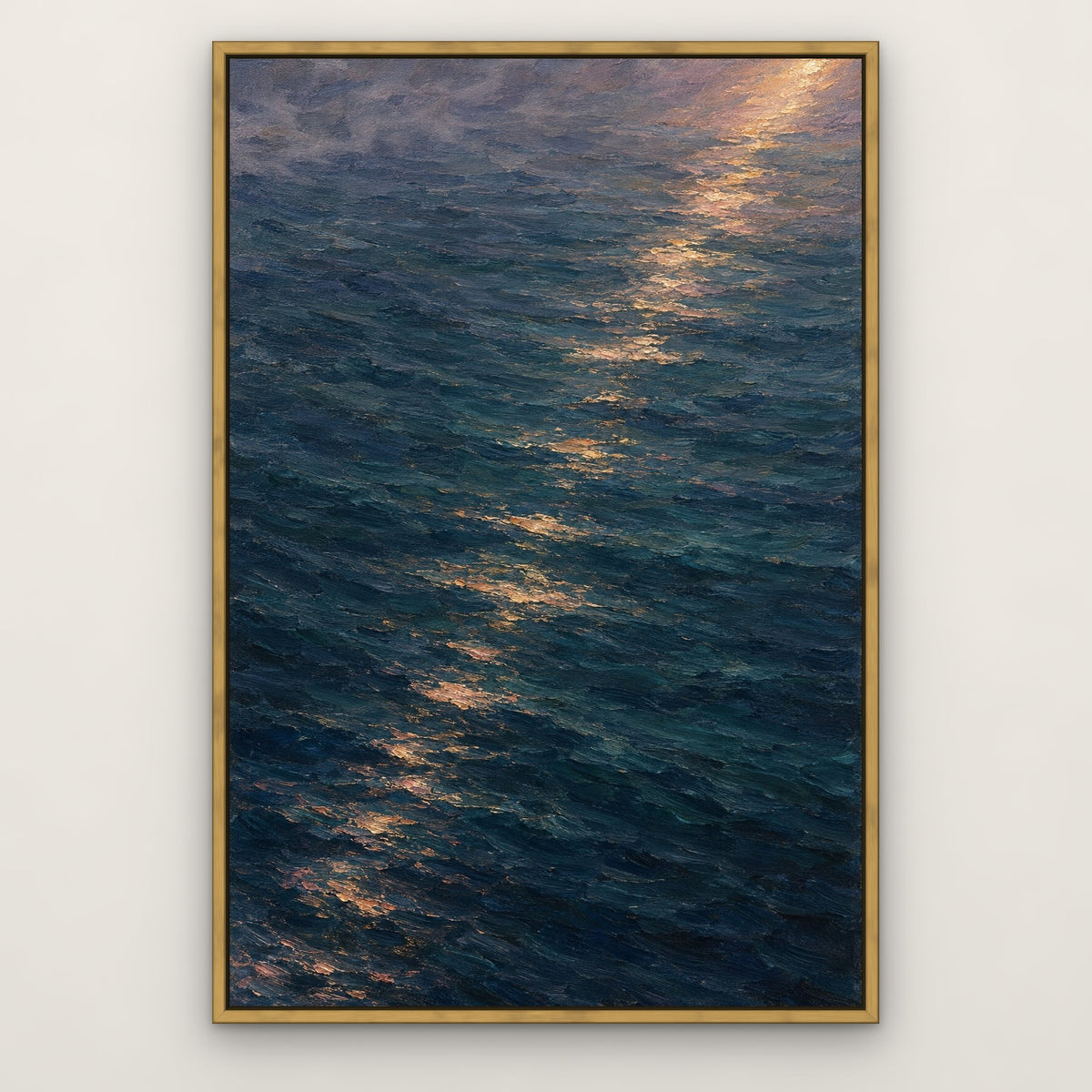 Dusk Over Still Waters, blue seascape hand-painted canvas wall art in a slim antique gold float frame – Gallery 23