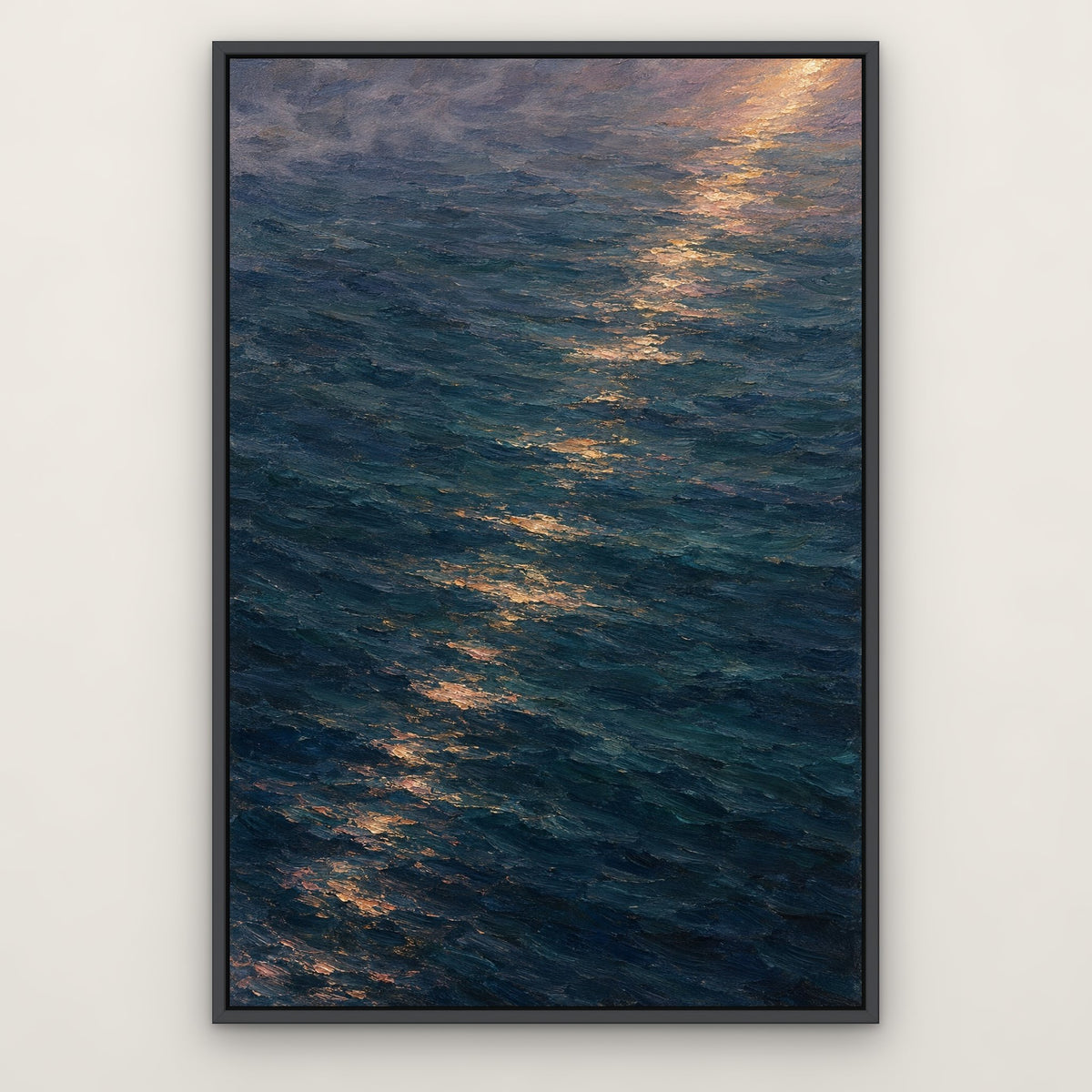 Dusk Over Still Waters, blue seascape hand-painted canvas wall art in a slim dark grey float frame – Gallery 23