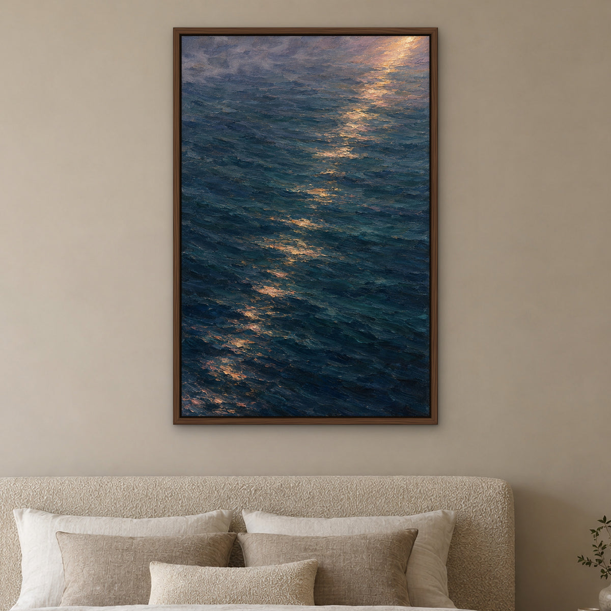 Dusk Over Still Waters, blue seascape hand-painted canvas wall art in a bedroom – Gallery 23